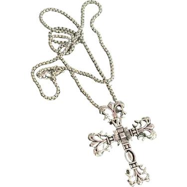 Imagem de Secret for Longevity Colar unissex estilo vintage gótico extra grande tom prata flor de lis pingente cruz (59,7 cm polegadas)