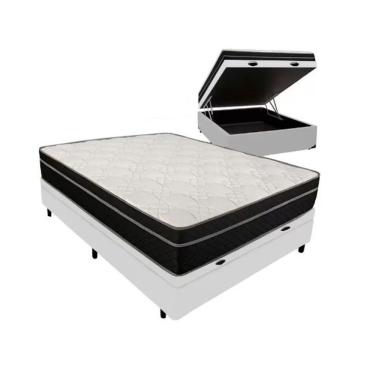 Imagem de Cama Box Baú Viúva 128 Tecido Sintético Branco Com Colchão Paris De Molas Ensacadas Preto 26x128x188