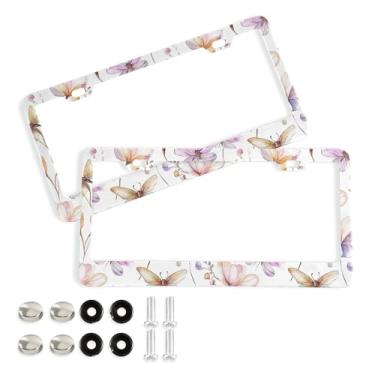 Imagem de SEHANY Molduras de placa de licença de flores florais coloridas, capas de moldura de placa de carro de alumínio à prova de ferrugem com orifícios elípticos e parafusos serve para veículos padrão dos