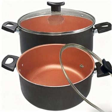 Imagem de Jogo de Panelas Cerâmico 2 Peças - Capanela Antiaderente Grande 22cm e 24cm, Tampos de Vidro Temperado, Cor Preto e Cobre, Ideal para Cozinha Doméstica Fogão a Gás Elétrico