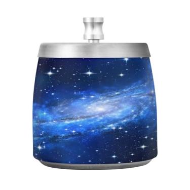 Imagem de JUZIHAI Cinzeiro de galáxia azul com tampa, cinzeiro de aço inoxidável inodoro à prova de vento cinzeiro sem fumaça para escritório em casa, pátio, varanda, cigarro