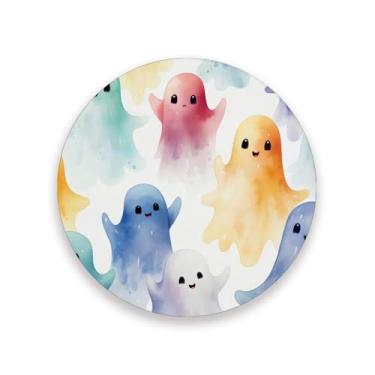 Imagem de JUZIHAI Conjunto de 4 porta-copos de fantasmas de aquarela de Halloween, porta-copos redondos de pedra de cerâmica absorvente de 9 cm com base de cortiça, tapete de proteção de mesa para cozinha, bar