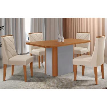 Imagem de Sala Jantar Mesa Pietá Tampo Curvo 120cm+4 Cadeiras Pietá Madeira Naturale/Off White - Capuccino/Suede Creme - Rufato