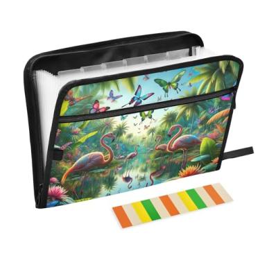 Imagem de Pasta expansível para arquivos de plantas tropicais e flamingos, organizador de documentos sanfonado com 13 bolsos para tamanho carta e tamanho A4 para material de escritório escolar