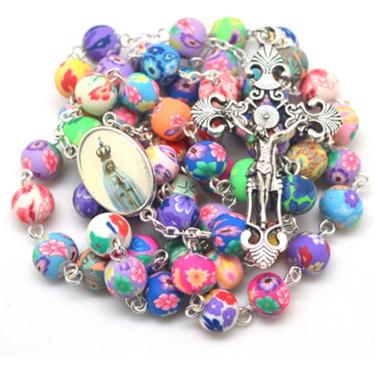 Imagem de Colar De Rosário Católico Colorido Argila Polimérica Conta Redonda Nossa Senhora De Fátima Lourdes Guadalupe Maria Centro Medalhas, Fatima