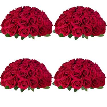 Imagem de Cherica 100 peças de flores artificiais de rosas vermelhas com hastes, buquê de rosas falsas a granel, rosas de veludo de seda para centro de mesa, arranjo de chá de bebê, aniversário, decoração de