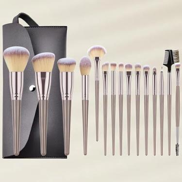 Imagem de Conjunto de pincéis de maquiagem profissional, 15 pincéis cosméticos com estojo de viagem cinza, alças marrons para base, sombra, blush