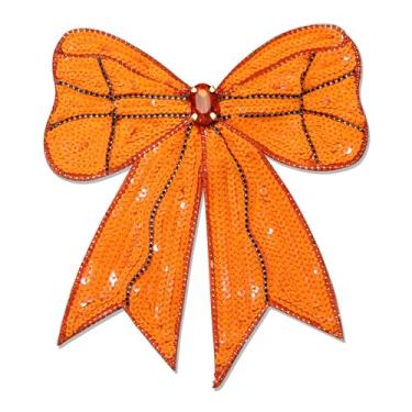 Imagem de YAHPERN Laço de cabelo de basquete para mulheres com glitter lantejoulas strass clipes de cabelo de basquete roupas dia de jogo acessórios para fãs de esportes presentes (laranja)