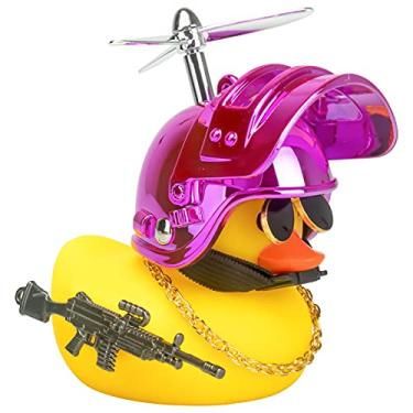 Imagem de wonuu Rubber Yellow Duck Car Ornaments Cool Duck Car Dashboard Decorations with Propeller Helmet Sunglasses (Colorful Pink-Yellow G)