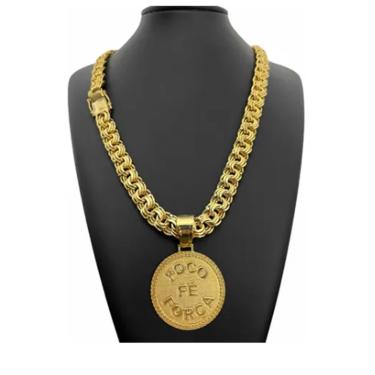 Imagem de Cordão 12mm Friso Triplo + Pingente Luxo Com banho de ouro