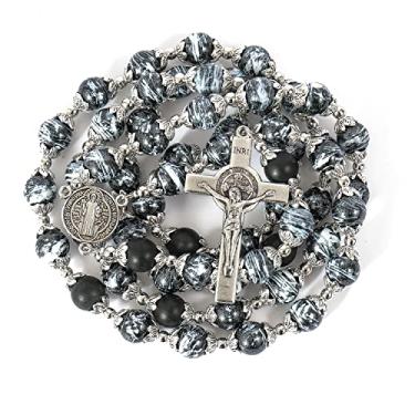 Imagem de Colar Católico de São Bento com Contas Pretas da Loja Nazaré, Medalha de Coração da Santa Maria e Crucifixo da Cruz da Terra Santa Presentes Religiosos para Mulheres e Homens