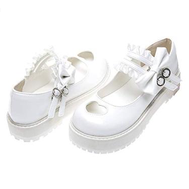 Imagem de CountryWomen Sapatos rasos japoneses Sweet Lolita Hollow Heart Maid Cosplay Plataforma Mary Jane, Branco, 4 Wide Big Kid