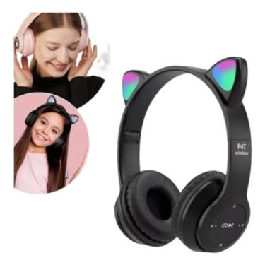 Imagem de Fone Sem Fio Bluetooth Infantil Juvenil Para Jogos Musicas Redes Sociais De Orelha Modelo De Gatinho Led Cor Preto