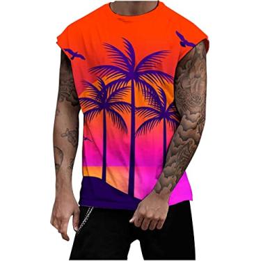 Imagem de Coletes masculinos gola redonda colete masculino treino atlético praia havaiana camiseta regata tropical verão outono 2024, D-420 Laranja queimado, G