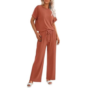 Imagem de PRETTYGARDEN Camiseta feminina de verão de 2 peças de malha de manga curta, calça de perna larga, roupa casual, Vermelho tijolo, G