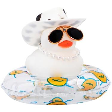 Imagem de wonuu Pato de borracha para decoração de painel, para acessórios de ornamento de carro com chapéu de caubói, colar de anel de natação, óculos de sol, pato branco e caubói manchas brancas e transparente e pérola P