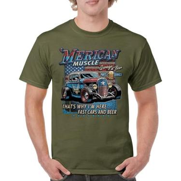Imagem de Camiseta masculina Merican Muscle Fast Cars and Beer Hot Rod Enthusiast Car Show Bandeira Americana Orgulho dos EUA Route 66, Verde militar, GG