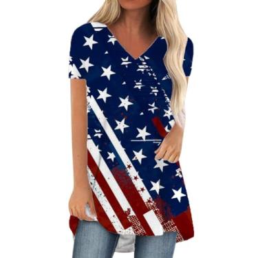 Imagem de KKG Túnicas femininas para usar com leggings, camiseta casual solta gola V manga curta/longa, A-american Flag6, G