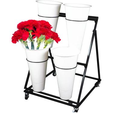 Imagem de Suporte de exibição de flores em escada com baldes, suporte para plantas rolantes sobre rodas, prateleira interna para carrinho de flores ao ar livre para florista, jardim, pátio, balde bran