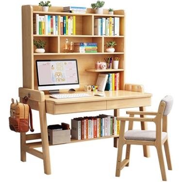 Imagem de Secretária em madeira maciça com estante integrada, ideal para home office ou quarto,Nogueira+cadeira B,100x60x186cm