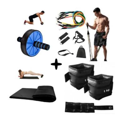 Imagem de Kit Academia Colchonete + Kit 11 Peças + Caneleira 1kg+ Roda Abdominal