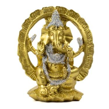 Imagem de Escultura Ganesh Portal Meditando 13cm Prata Dourado Resina - Lua Míst