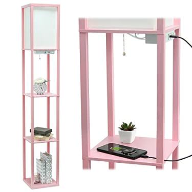 Imagem de Simple Designs LF1037-LPK Prateleira Organizadora de Armazenamento com 2 Portas, 1 Tomada de Carregamento e Abajur de Chão USB Etagere, Rosa Claro