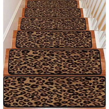 Imagem de Conjunto de 13 tapetes de escada abstratos de leopardo, estampa de pele de animal selvagem, antiderrapante, autoadesivo, tapete de segurança para escadas, passador de degraus, degraus de madeira para