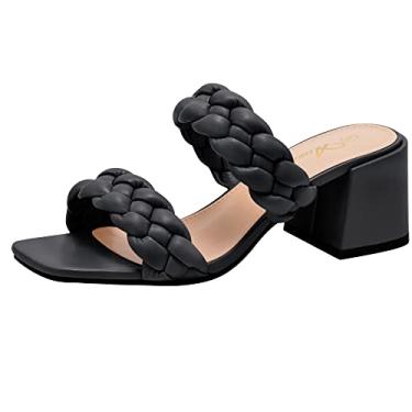 Imagem de Athlefit Feminino Sandálias de Salto Trançado com Tiras Quadradas e Abertas, Mules Sem Costas, Salto Bloco, Preto, Tamanho 7,5