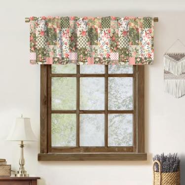 Imagem de Cortinas de saia floral patchwork, vintage rústico boho branco verde rosa flor xadrez sem costura decoração de casa janela curta tratamentos cortinas para quarto sala de estar cozinha 137 x 45 cm x 1