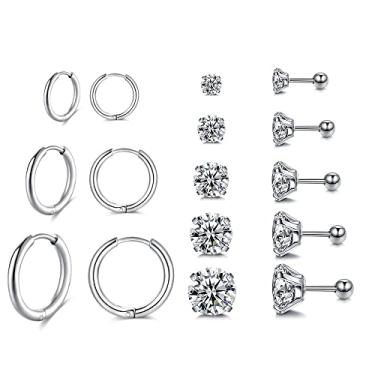 Imagem de 8 pares delicados de brincos de aço inoxidável cirúrgico banhado a ouro 14 quilates, brincos de argola de diamante CZ com parafuso traseiro feminino masculino leve conjuntos de brincos hipoalergênicos para vários piercing, adequado para cartilagem, hélice, lóbulo, primeiro furo, terceiro furo, Aço i