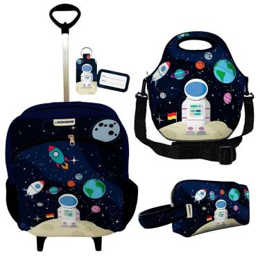 Imagem de Kit Mochila Escolar Infantil Rodinhas Lancheira Estojo Isoprene Astronauta