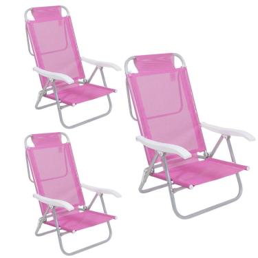 Imagem de Kit 3 Cadeira Reclinável Sunny 6 Posições Em Alumíno Para Praia Piscina Camping Rosa - 063010 Belfix