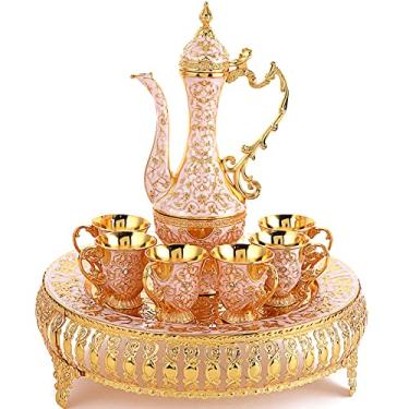 Imagem de Conjunto de xícara de café e bule de chá turco, incluindo bule de chá, bandeja de chá, 6 xícaras de metal, conjunto de serviço de chá para decoração de mesa de chá, frasco de quadril, presente (branco e dourado)
