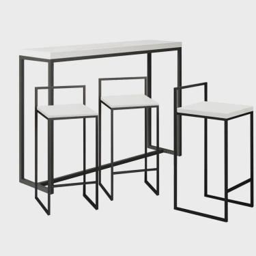 Imagem de Kit 3 Banquetas Lino + 1 Mesa Bancada Aparador Mavie 150cm Industrial Ferro Preto 100% mdf Branco - Ahazzo Móveis