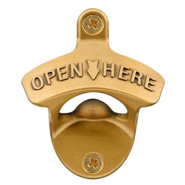 Imagem de Jumiok Abridor de garrafa montado na parede ao ar livre, abridor de tampa de cerveja inoxidável montado em madeira (ouro antigo)