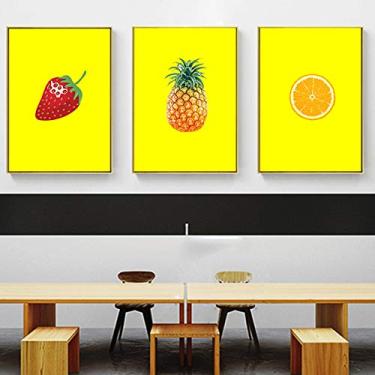 Imagem de Impressão em tela imagem de fruta. Fundo amarelo abacaxi morango limão. Pôster de arte de parede em tela. Para decoração de quarto e escritório -50 x 70 cm x 3 sem moldura