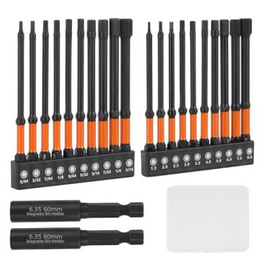 Imagem de Conjunto de brocas Allen com cabeça hexagonal de impacto (SAE métrico), haste hexagonal de 1/10.2 cm, cabeça hexagonal de aço S2, pontas usinadas CNC com 2 soquetes de extensão e caixa de