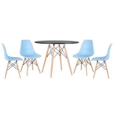 Imagem de Mesa Redonda Eames 100cm Preto + 4 Cadeiras Azul Claro