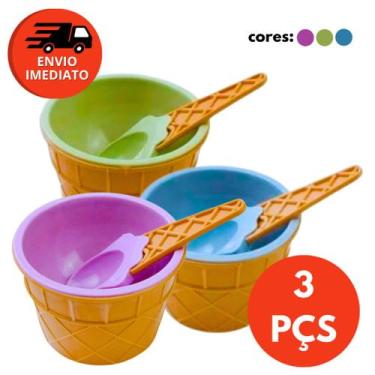 Imagem de Kit Tigela Pote Potinho E Colher Formato Casquinha Plástico Colorido S
