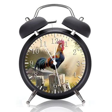 Imagem de Relógio de mesa com alarme Twin Bell Rooster Farm com luz noturna bastante silencioso, sem tique-taque, 10 cm, metak e mostrador de vidro, ótimo para decoração ou presentes G30