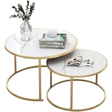 Imagem de Conjunto De Mesa Elegat Roud Estig Ed Empilhável De 2 Peças Livig Room Louge Com Estrutura De Metal Dourado, White, 60CM+80CM