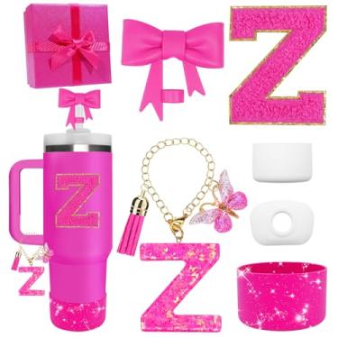 Imagem de Miglaja Acessórios pretos para copos Stanley 850.5 g 1,134.0 g, todos os acessórios caixa de presente contêm topo de palha de flor, bota de silicone, adesivos de letras e pingentes, conjunto de tampa