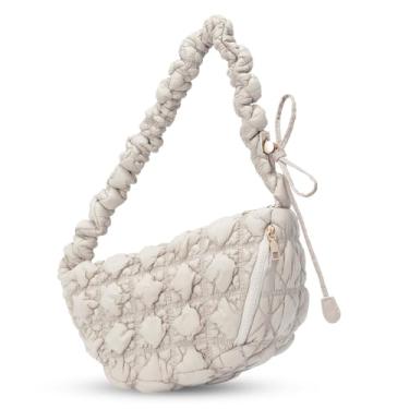Imagem de Larcenciel Bolsa tiracolo Hobo feminina, bolsa de ombro acolchoada com fecho de zíper e alça de cordão, linda bolsa de nuvem franzida leve para uso diário, trabalho, academia, viagem, bege