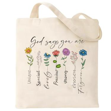Imagem de Kelxjia Sacola de lona da Bíblia Cristã para mulheres Gods Says You Are Bolsa floral estética (bege)