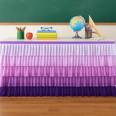 Imagem de Saia de mesa de professor 1,8 m x 76,2 cm – Saia de mesa com babados para sala de aula, tecido de chiffon 100D de volta às aulas, decoração de mesa de professor (ombre roxo)