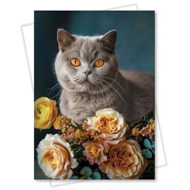 Imagem de CATNEVERLAND Cartão de felicitações British Shorthair Cat 5x7 polegadas Qualquer Ocasião Coleção de Gatos com Flores Premium Cartolina em Branco Branco Incluído Ótimo Presente para Amantes de Gatos