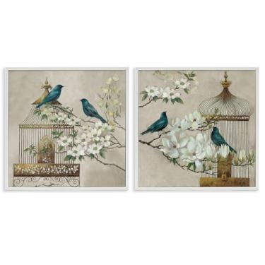 Imagem de Stupell Industries Conjunto de arte giclée emoldurado branco Spring Bluebirds Menagerie 2 peças por Elaine Vollherbst, 12 x 12