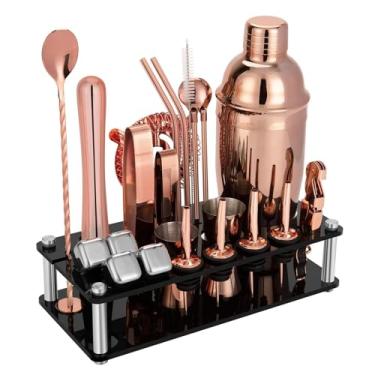 Imagem de Kit de bartender, conjunto de coqueteleiras de ouro rosa de 24 peças, kit de mixologia de barman com suporte, conjunto de ferramentas de bar para misturar bebidas em casa, kit de bar