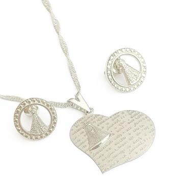 Imagem de Conjunto de joias femininas Brinco e Colar Nossa Senhora Aparecida e oração do Pai Nosso - Presente Religioso - Presente Feminino